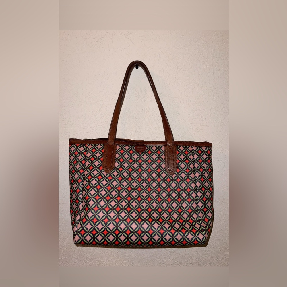Fossil Pink and Brown Patterned Tote